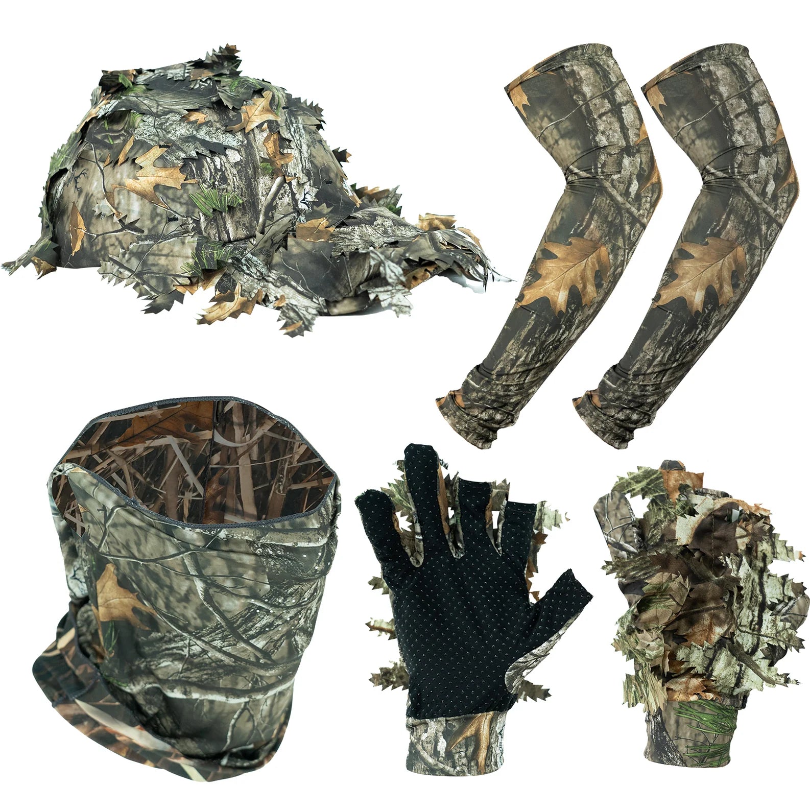 LOOGU Hunting Face Mask Set with Leafy Cap Camo, Ghillie Gloves, Cooling Arm Sleeves Waterfowl 6 Pieces Turkey Duck Hunting Accessories for Men Women