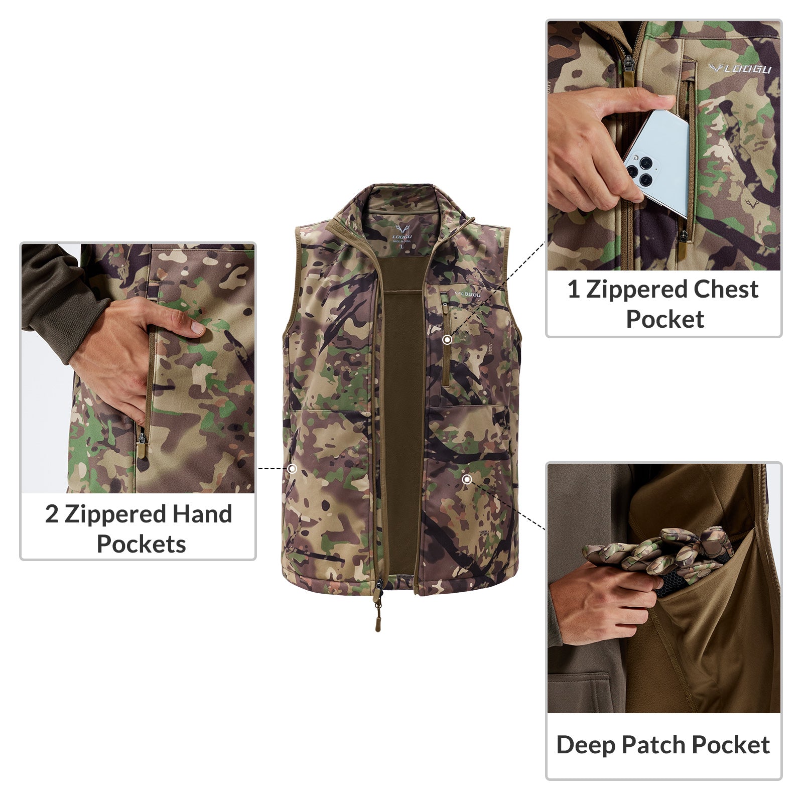 LOOGU Mens Camo Hunting Fleece Insulation Vest M10-1