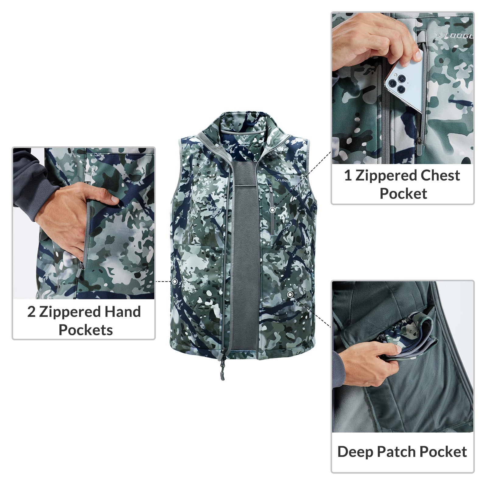 LOOGU Mens Camo Hunting Fleece Insulation Vest M10-1