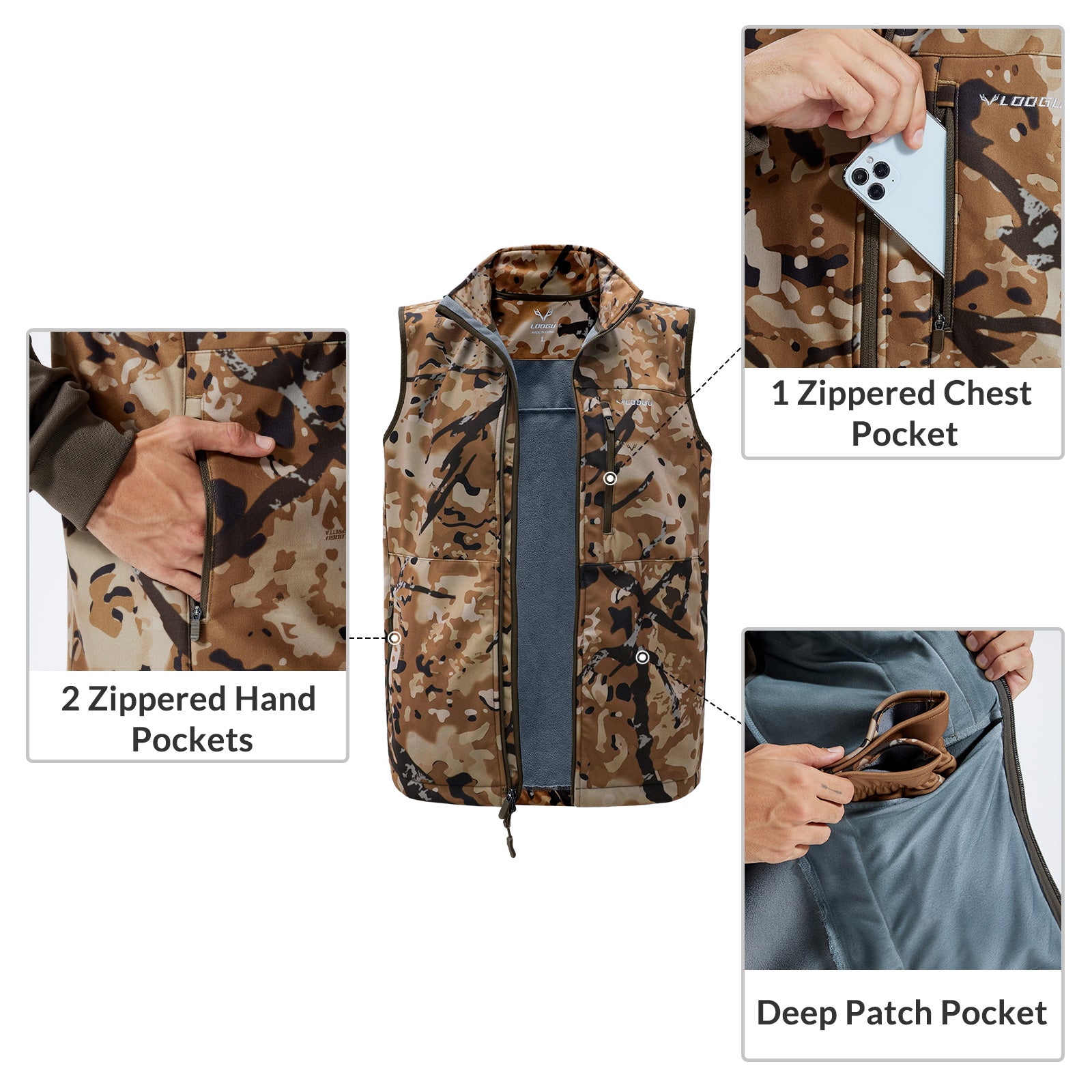 LOOGU Mens Camo Hunting Fleece Insulation Vest M10-1