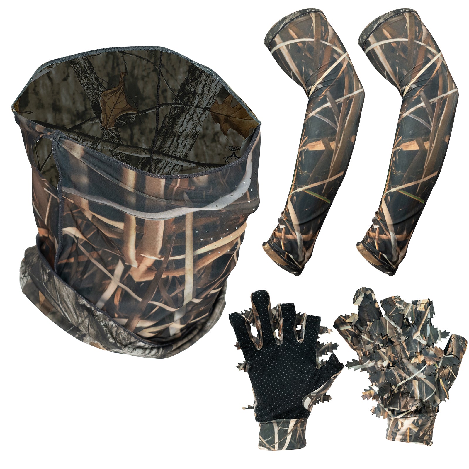 LOOGU Hunting Face Mask, Ghillie Gloves, Cooling Arm Sleeves Waterfowl Tree 5 Pieces Turkey Duck Hunting Accessories for Men Women