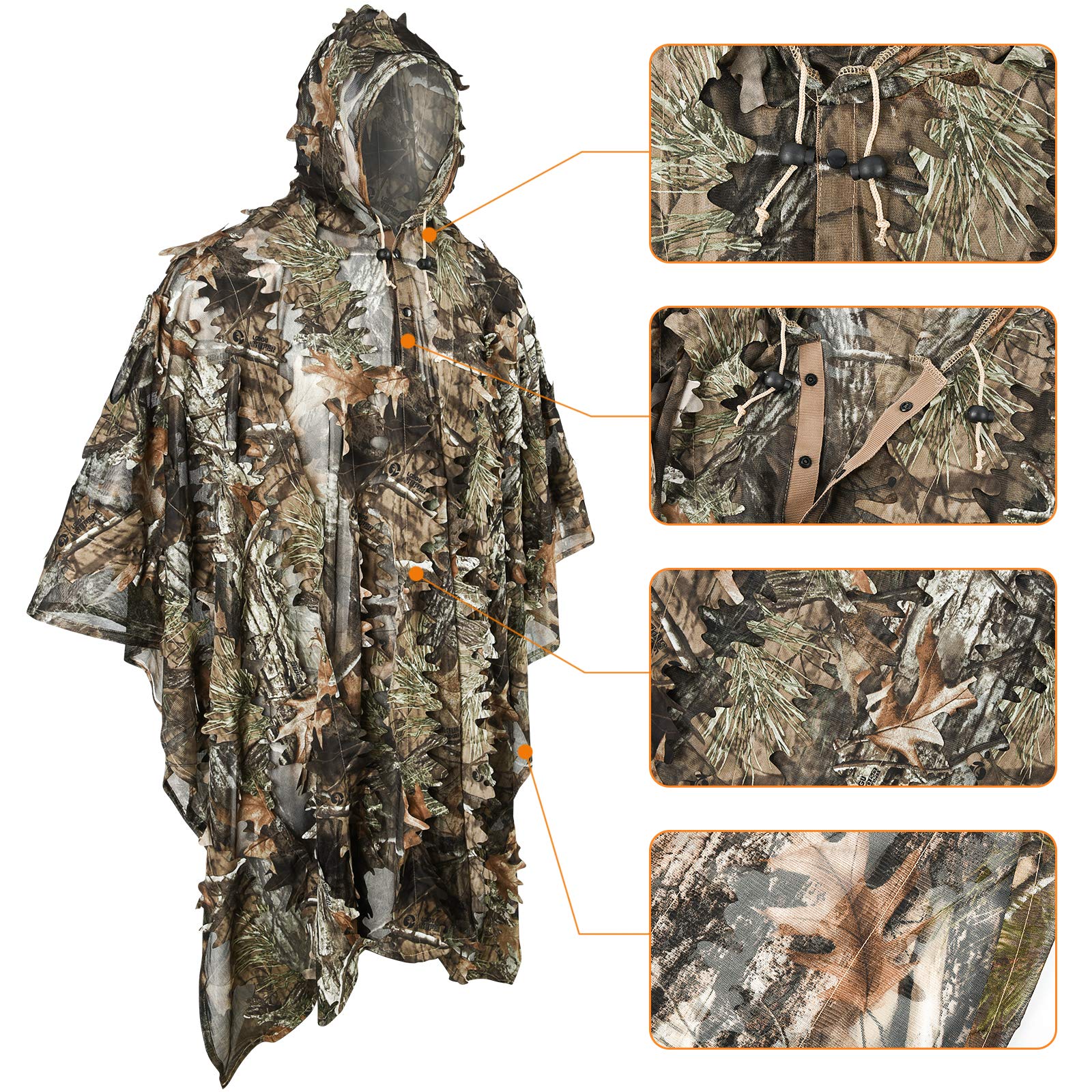 LOOGU Poncho Style Ghillie Suit 3D Leaf Super Tree Camo