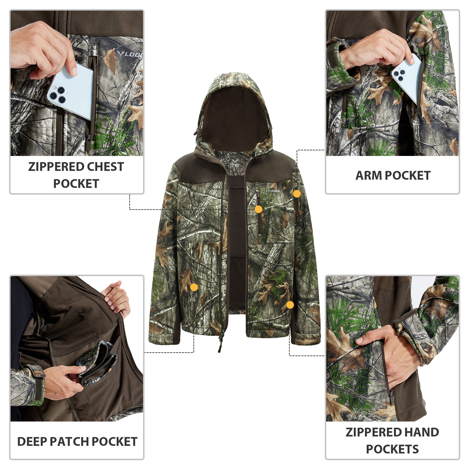 LOOGU Camo Hunting Fleece Lining Hooded Jacket M50-1