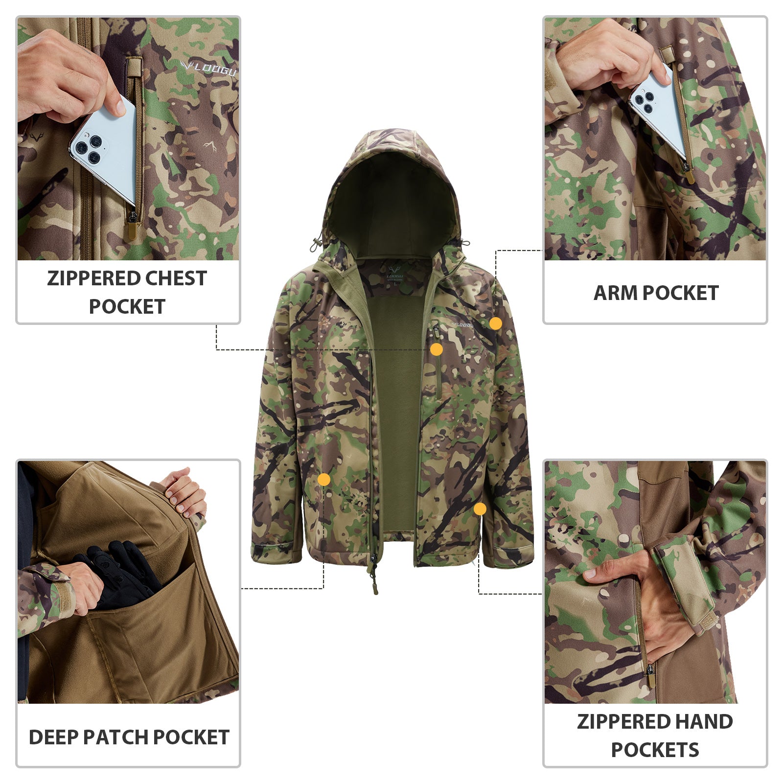 LOOGU Camo Hunting Fleece Lining Hooded Jacket M52