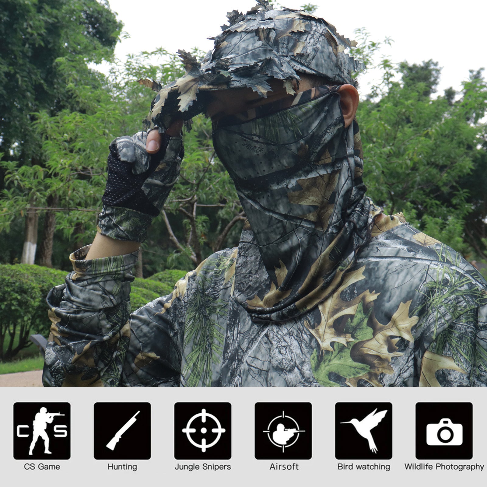 LOOGU Hunting Face Mask, Ghillie Gloves, Cooling Arm Sleeves Waterfowl Tree 5 Pieces Turkey Duck Hunting Accessories for Men Women