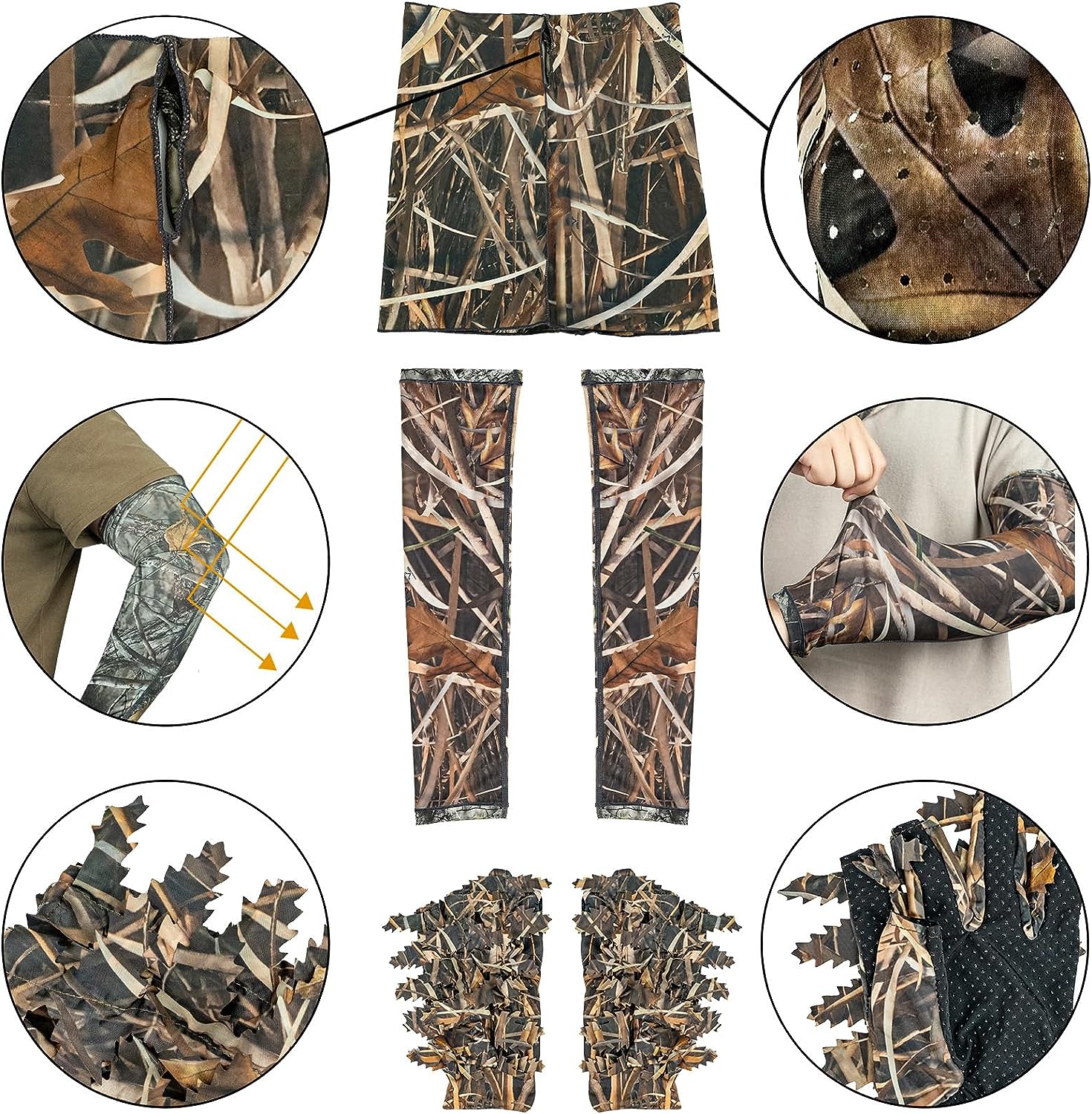 LOOGU Hunting Face Mask, Ghillie Gloves, Cooling Arm Sleeves Waterfowl Tree 5 Pieces Turkey Duck Hunting Accessories for Men Women
