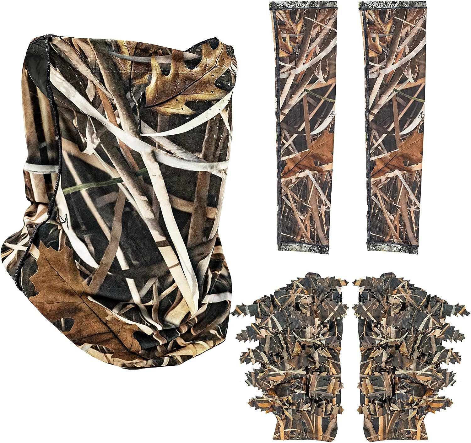 LOOGU Hunting Face Mask, Ghillie Gloves, Cooling Arm Sleeves Waterfowl Tree 5 Pieces Turkey Duck Hunting Accessories for Men Women