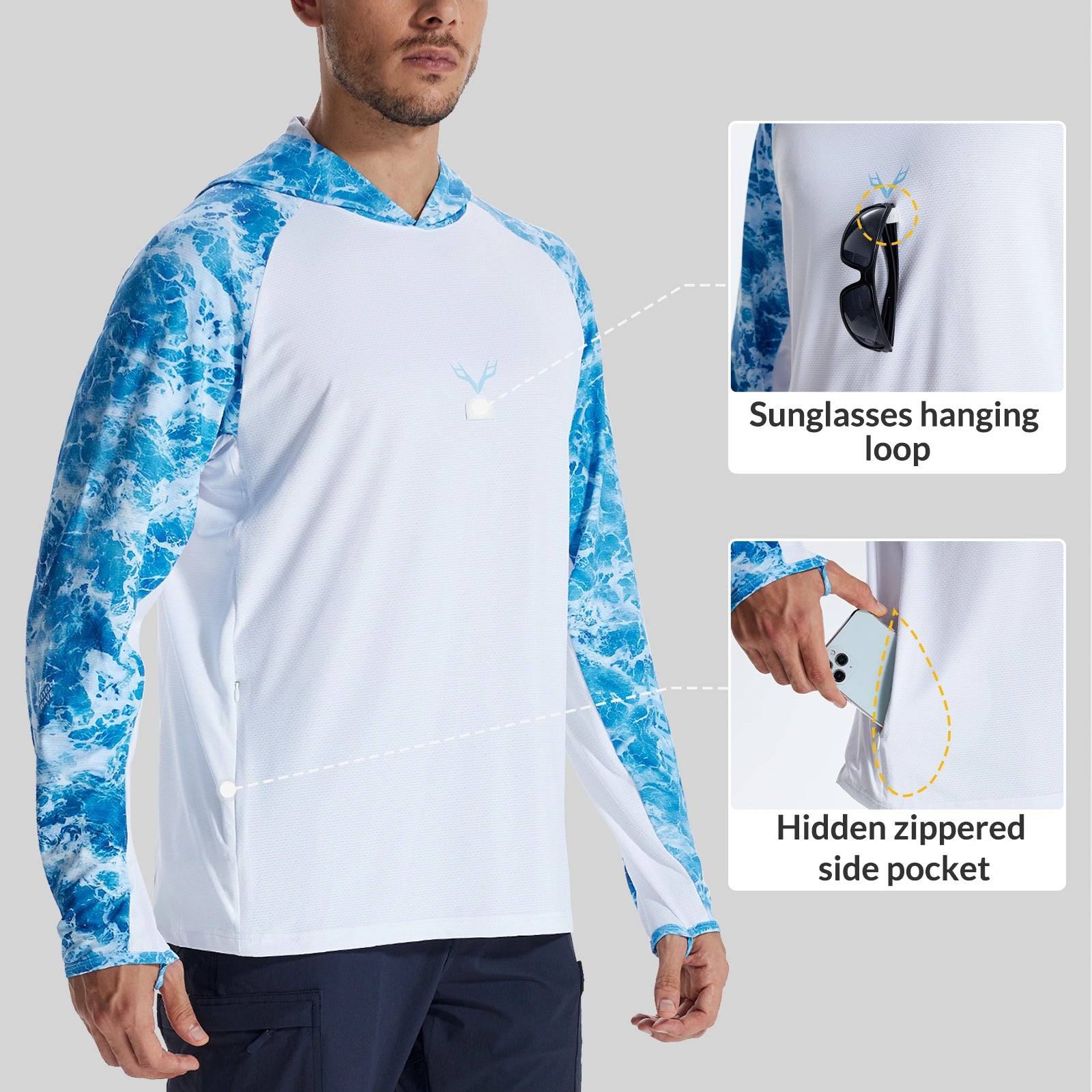 LOOGU Men’s Fishing Hoodie Wave Light Blue T71-LG