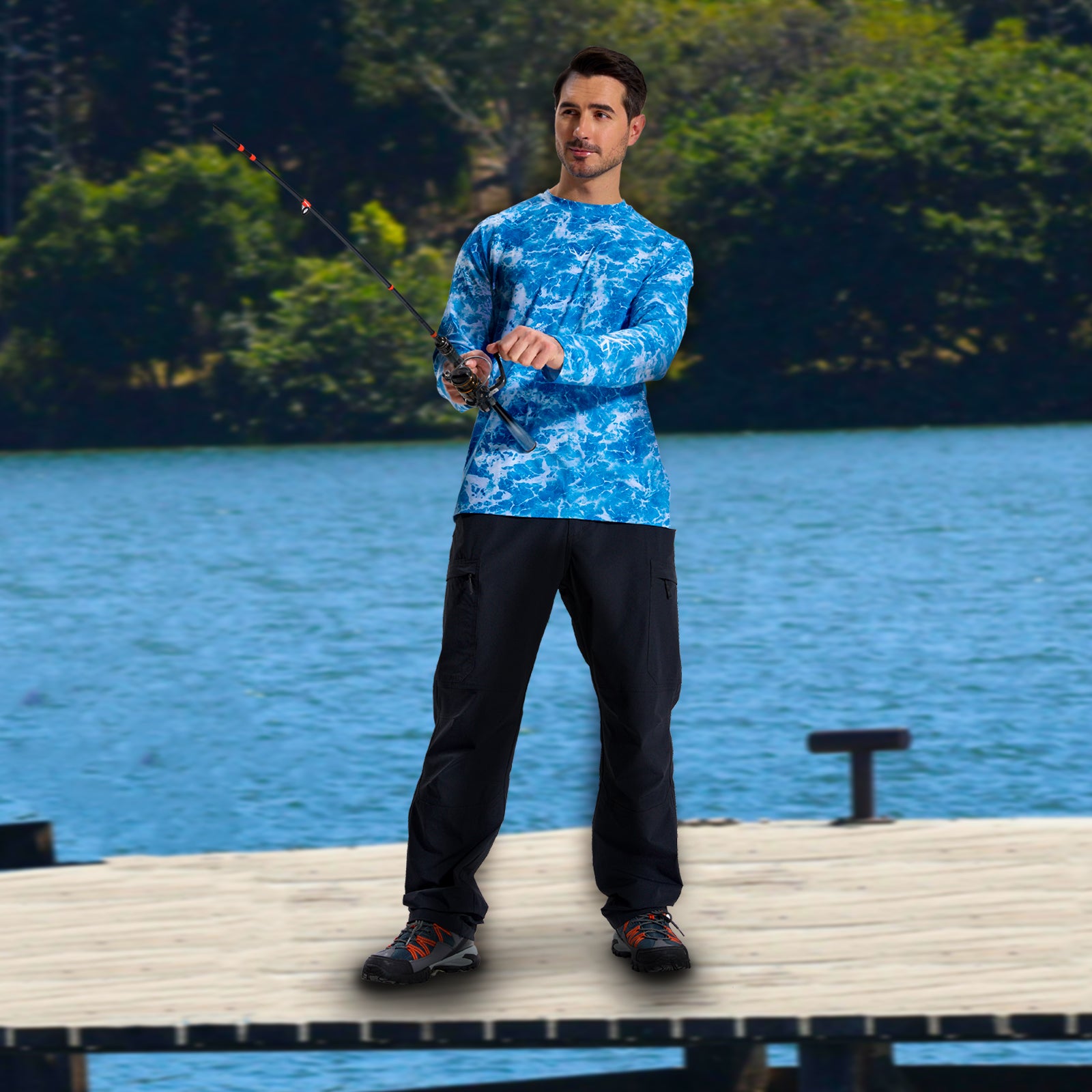 LOOGU Men’s Fishing Long Sleeve Shirt-Wave Blue T31-LG