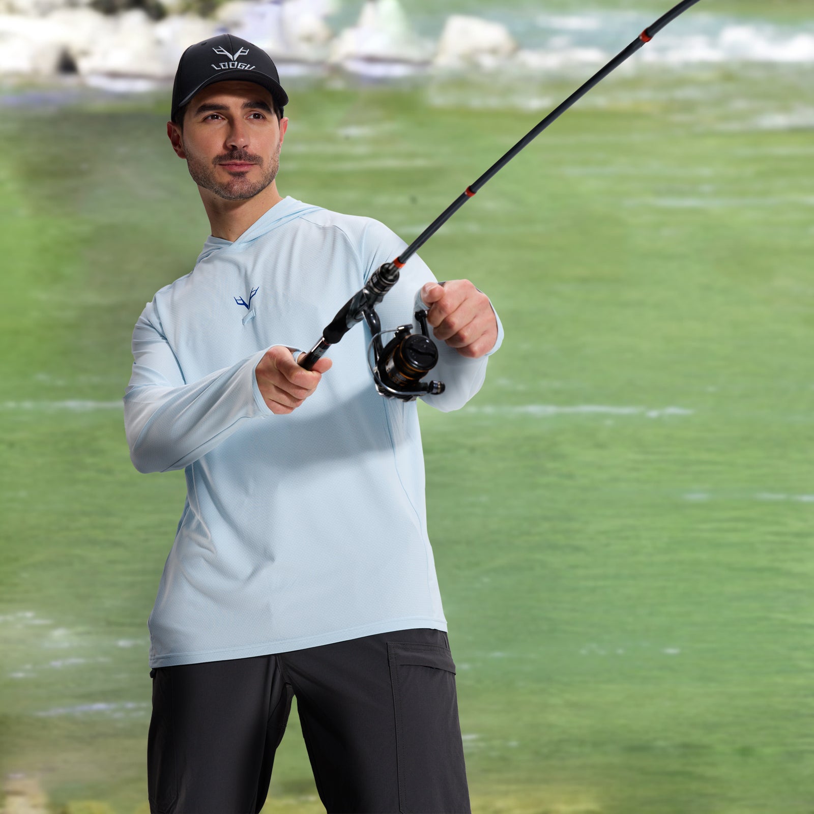 LOOGU Men’s Fishing Hoodie-Lake Blue T71-LG