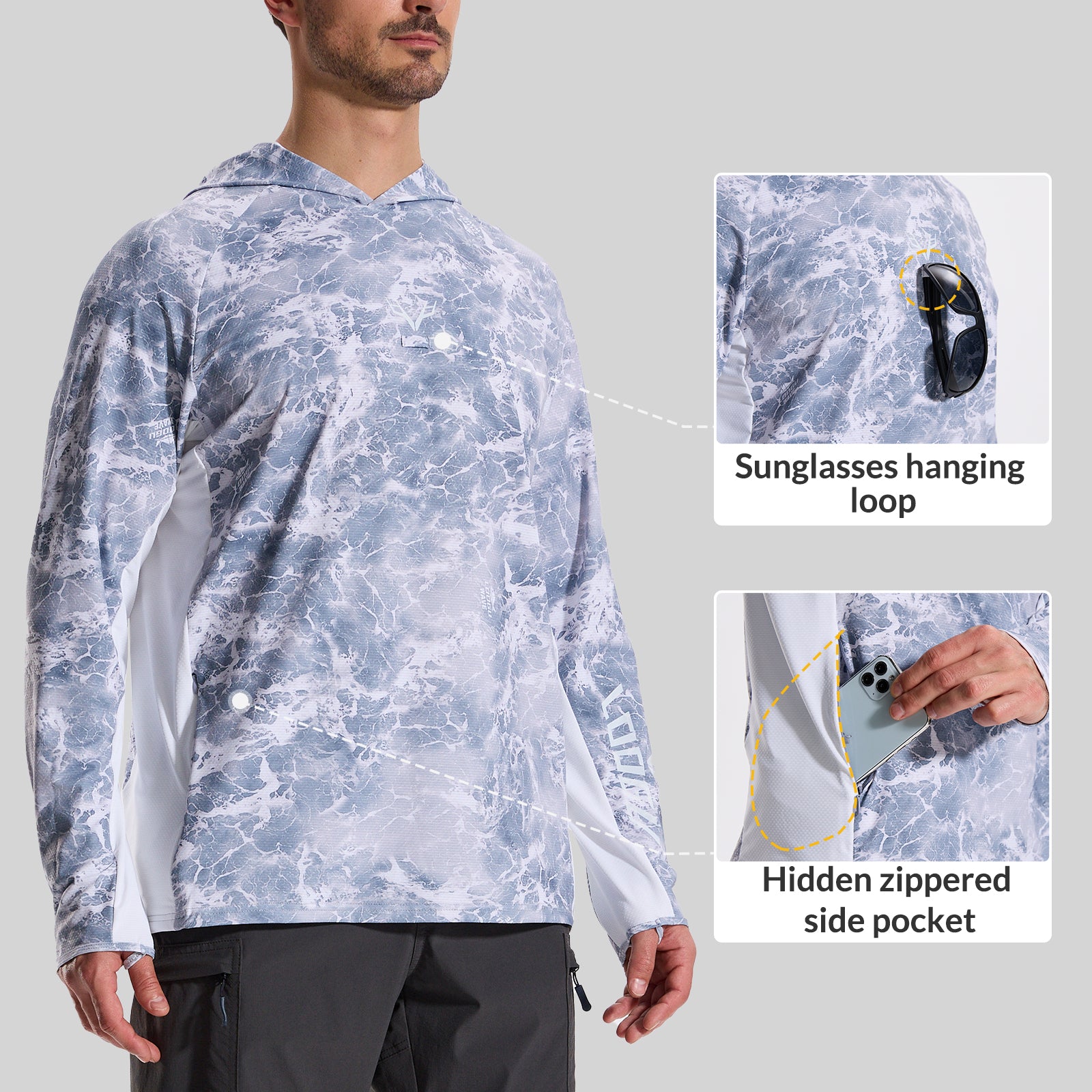 LOOGU Men’s Fishing Hoodie-Wave Grey T71-LG