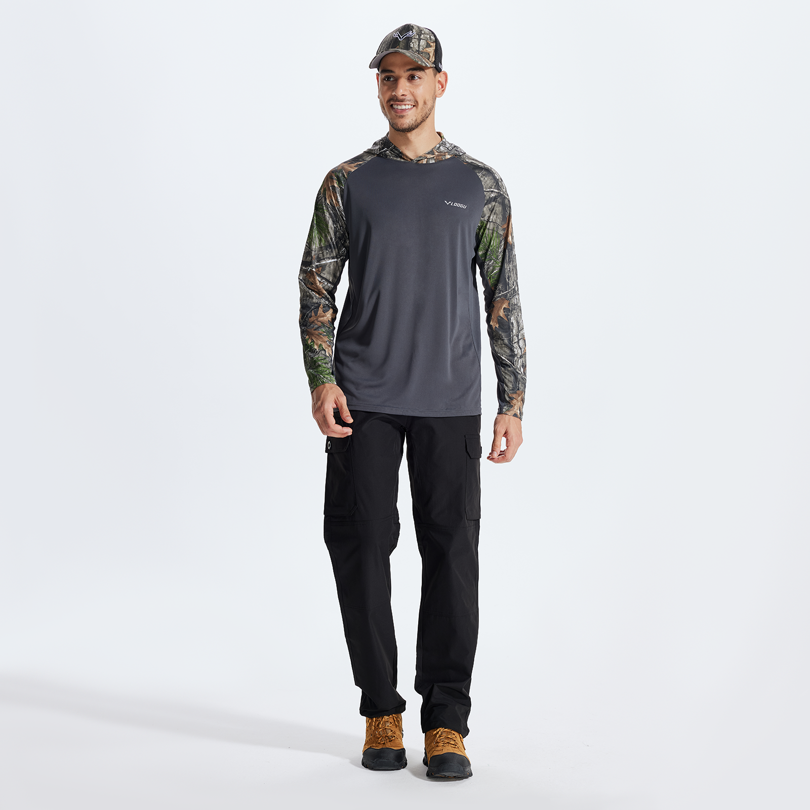 LOOGU Men’s Color-blocked Long Sleeve Hoodie-Super Tree Contrast Dark Gray T73-LG