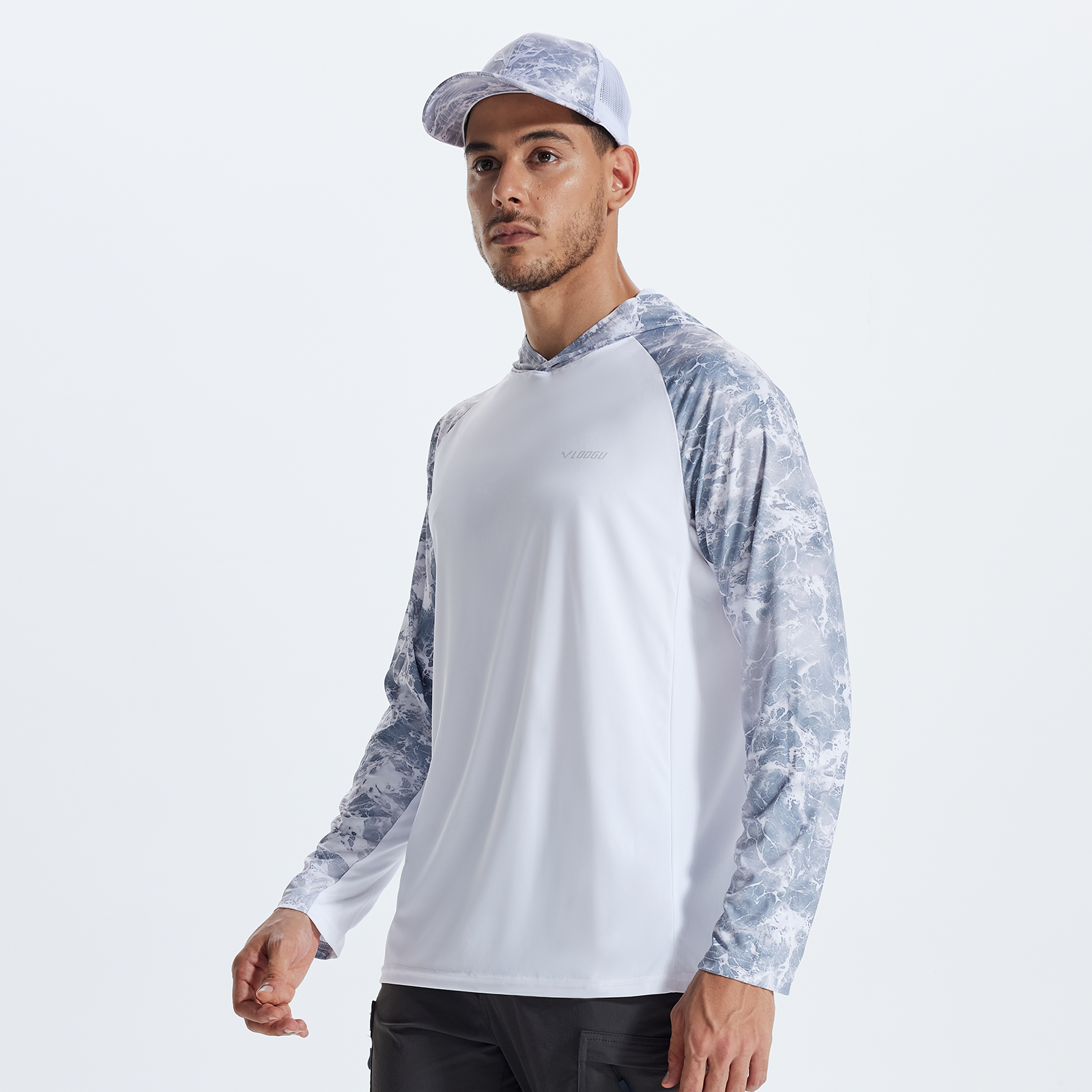 LOOGU Men’s Color-blocked Long Sleeve Hoodie-Wave Gray Contrast White T73-LG