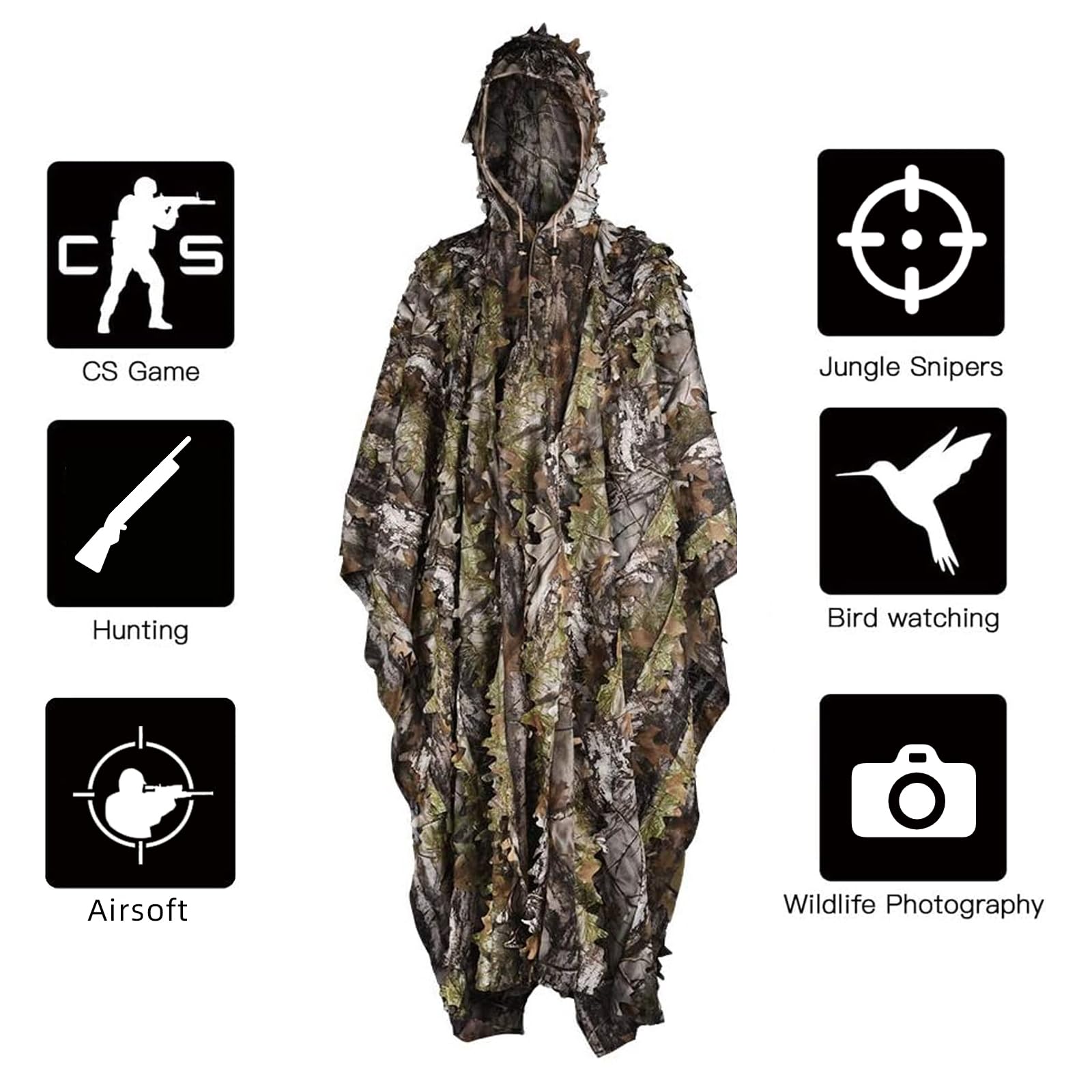 LOOGU Poncho Style Ghillie Suit 3D Leaf Super Tree Camo