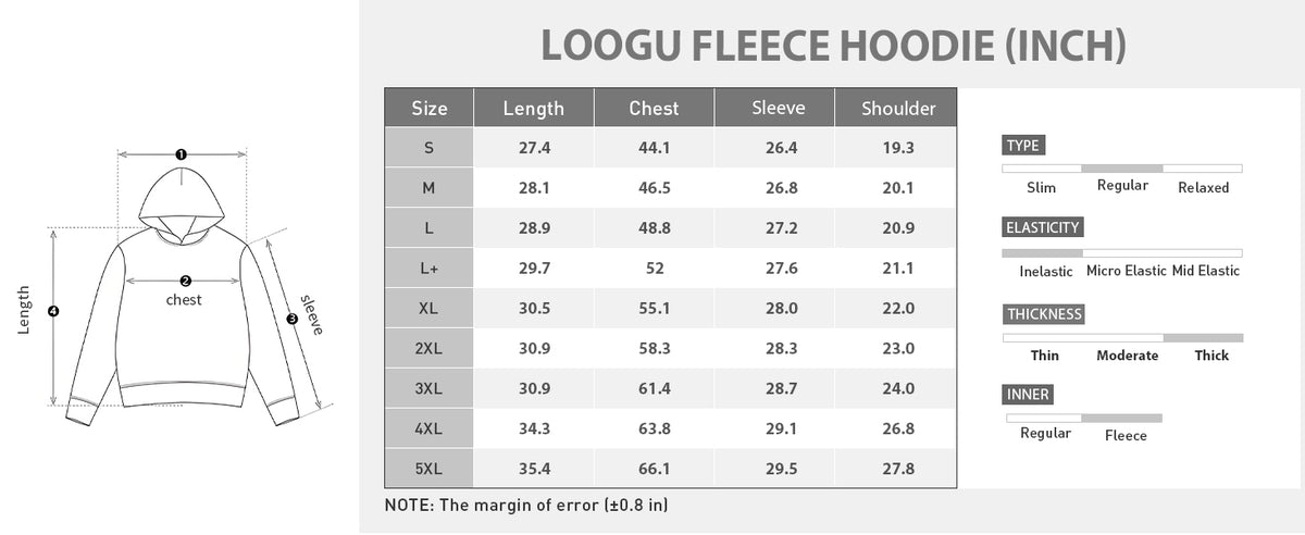 Quarter-Zip Fleece Hoodie D50-1 — Size information