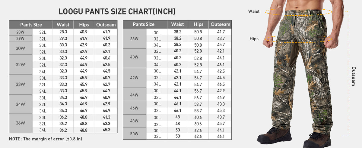 7-Pocket Hunting Pant H30 — Size chart