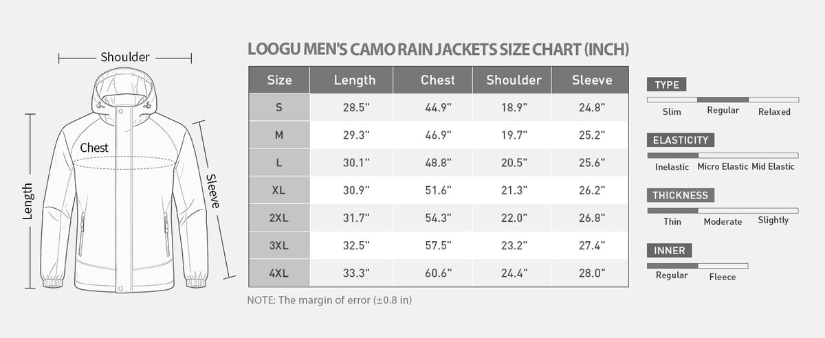 Ripstop Mesh-Lined Rain Jacket J30 — Size information