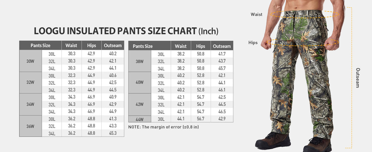 LOOGU 迷彩狩猎羊毛保暖裤 5 口袋超级树 P10 — Size chart