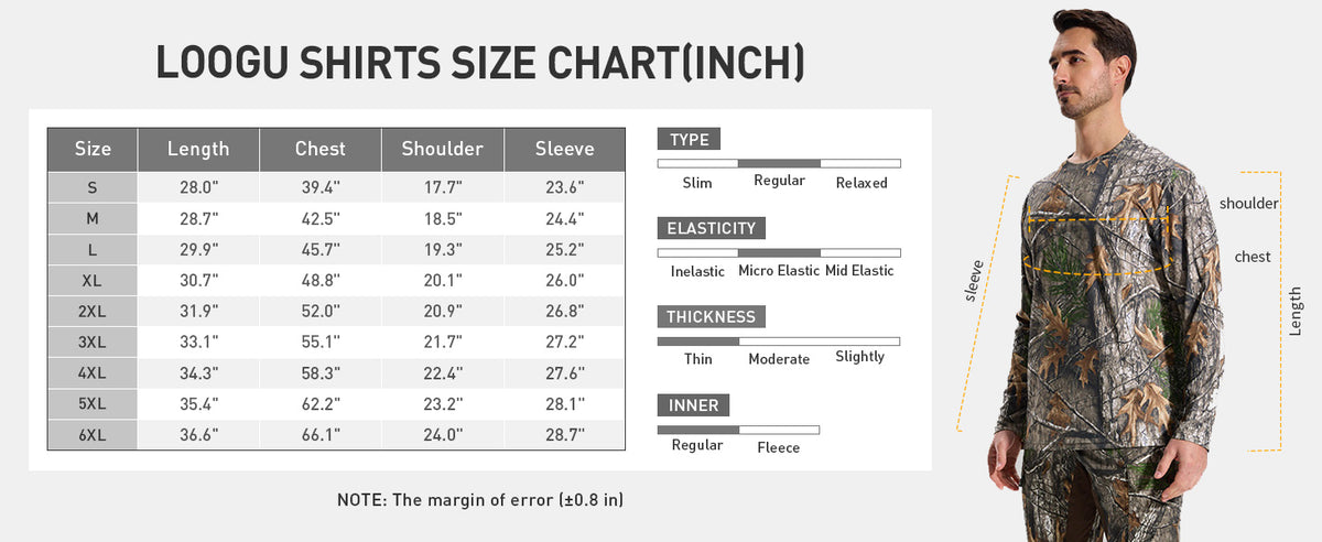 Lightweight Camo Hunting Shirt T20 — Size information