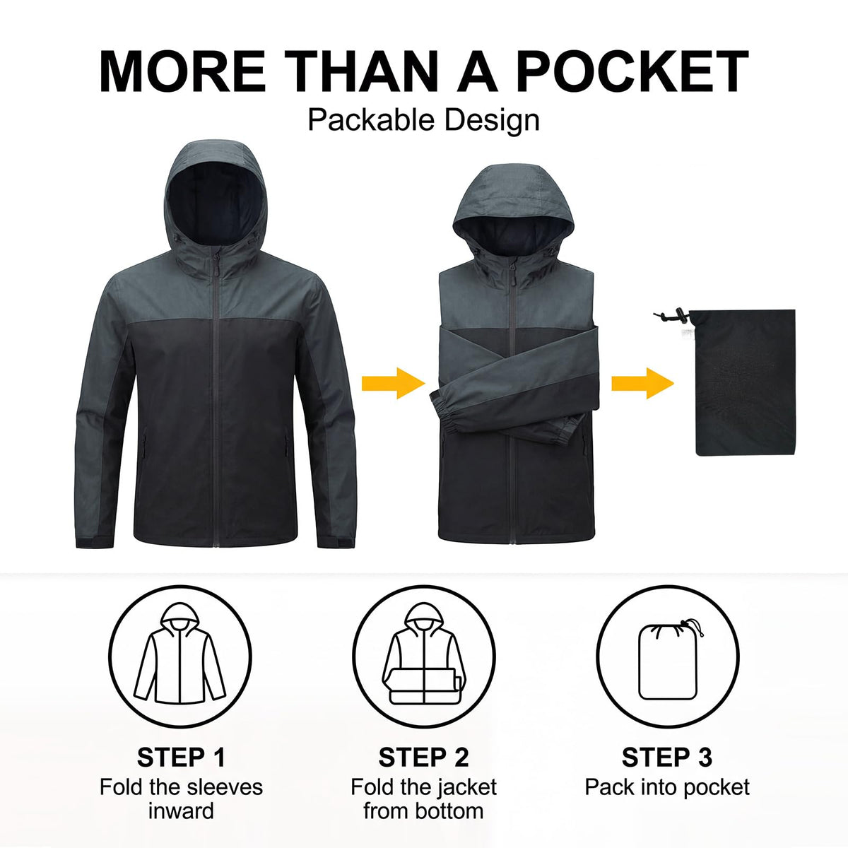 LOOGU Men’s Packable Rain Jacket Waterproof Lightweight Hooded J30 — Black Dark Grey