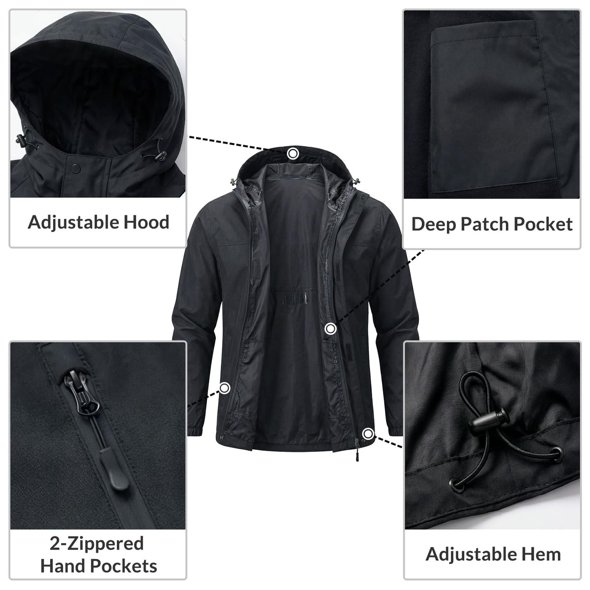 LOOGU Men’s Lightweight Waterproof Rain Shell Packable with Hood J10 — Black