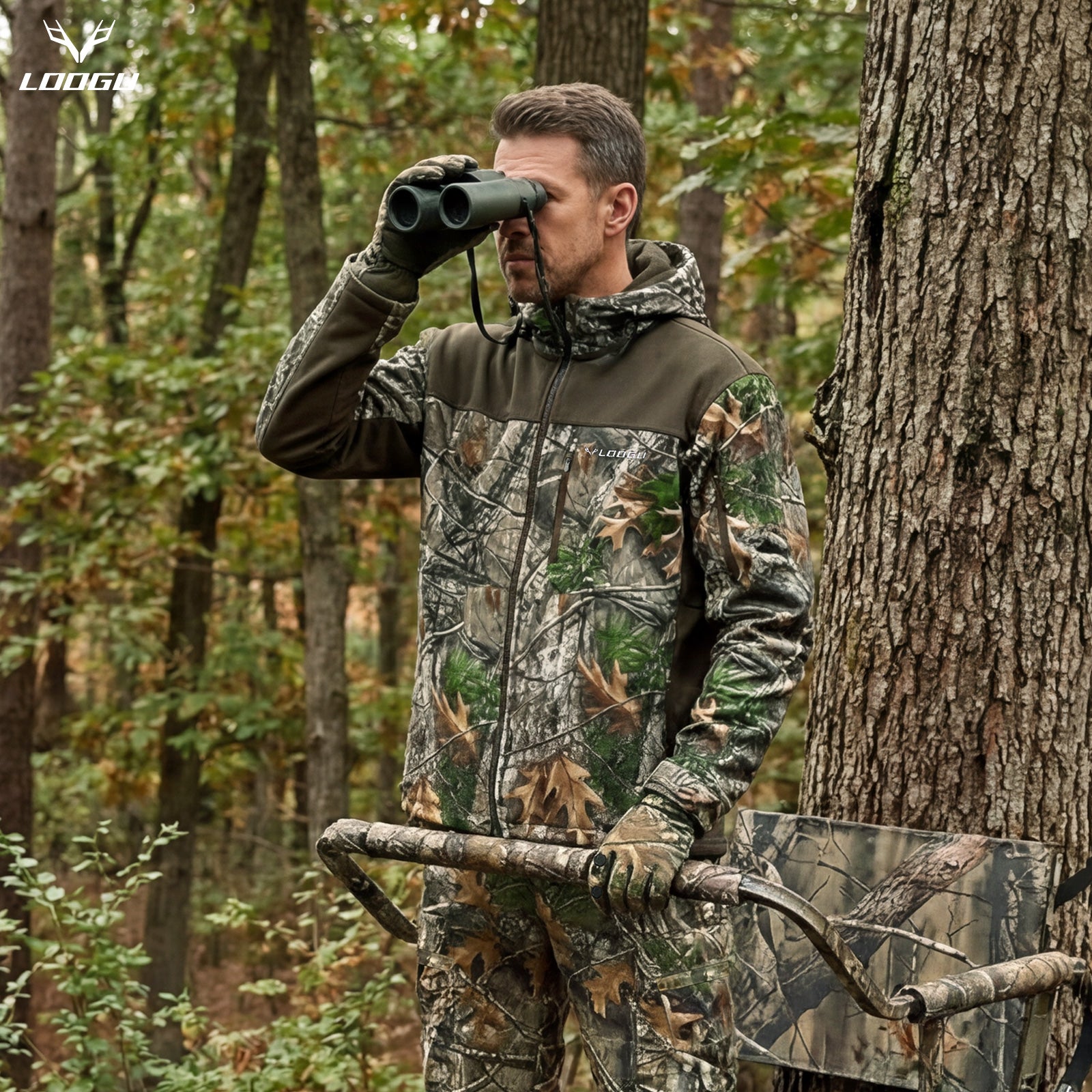 LOOGU Camo Hunting Fleece Lining Hooded Jacket M50-1
