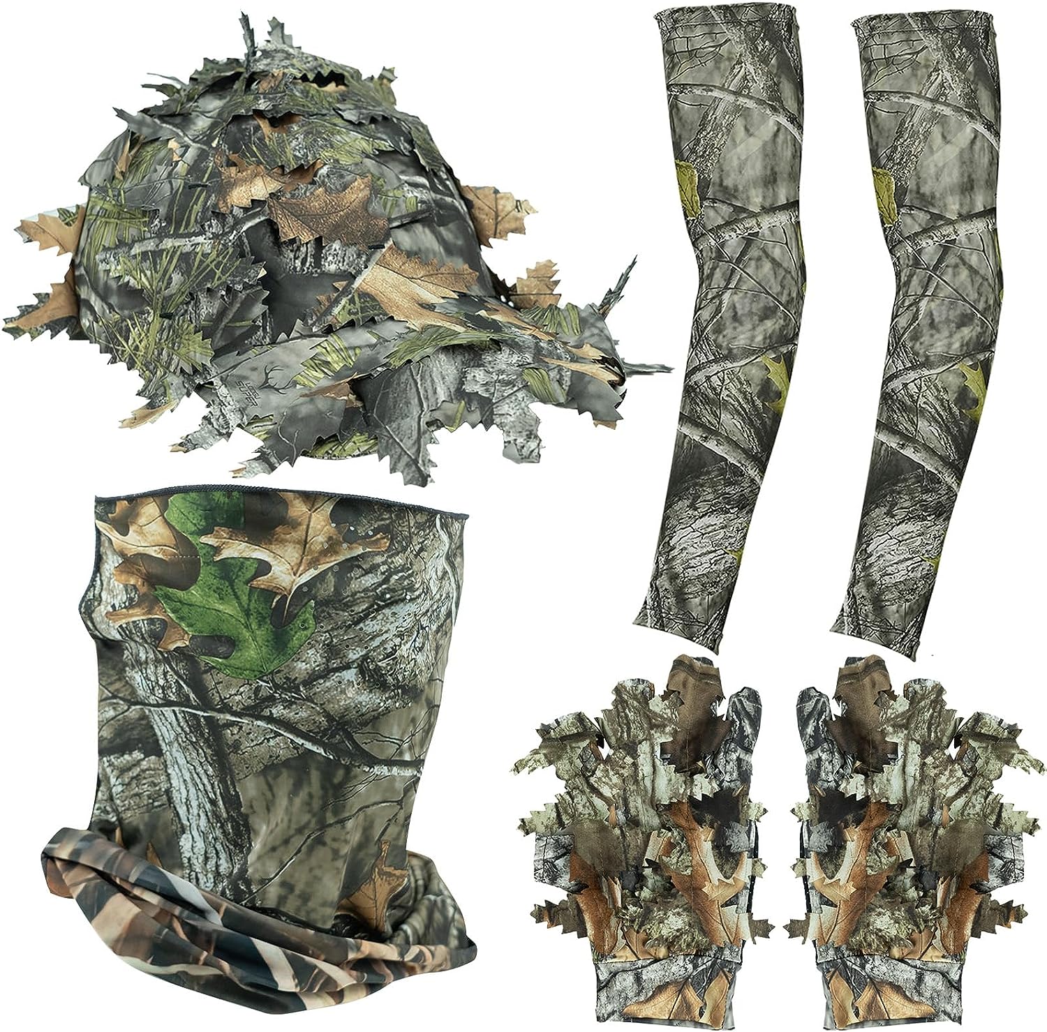 LOOGU Hunting Face Mask Set with Leafy Cap Camo, Ghillie Gloves, Cooling Arm Sleeves Waterfowl Tree Camouflage 6 Pieces Turkey Duck Hunting Accessories for Men Women