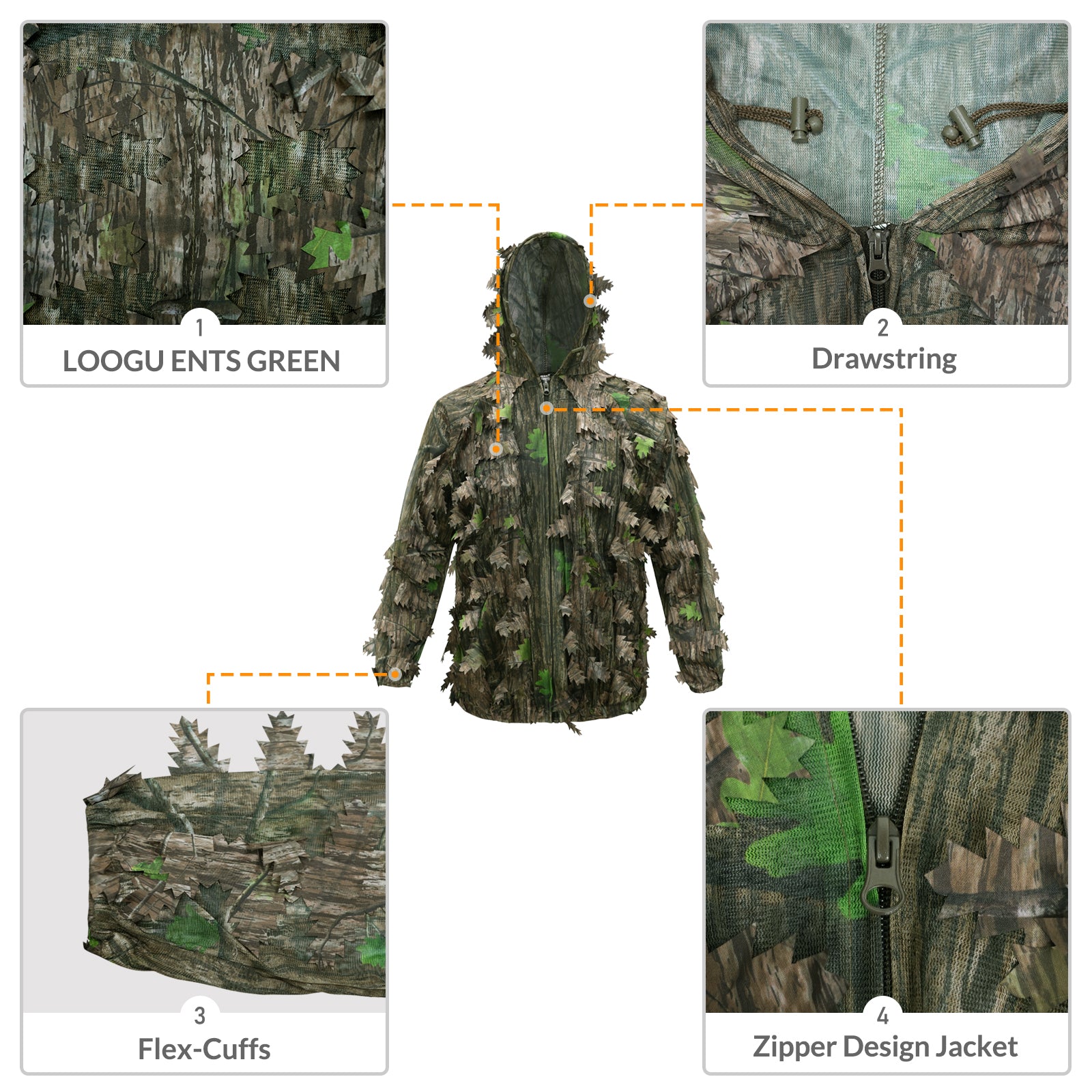 LOOGU Costume Ghillie de Chasse, Costume de Camouflage à Feuilles 3D Accessoires Militaires et de Tir Vêtements Tactiques pour Airsoft, Photographie de la Faune Halloween