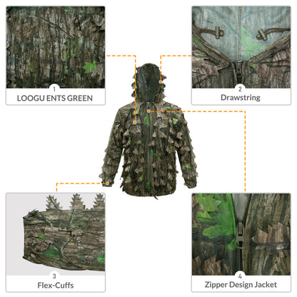 LOOGU Costume Ghillie de Chasse, Costume de Camouflage à Feuilles 3D Accessoires Militaires et de Tir Vêtements Tactiques pour Airsoft, Photographie de la Faune Halloween