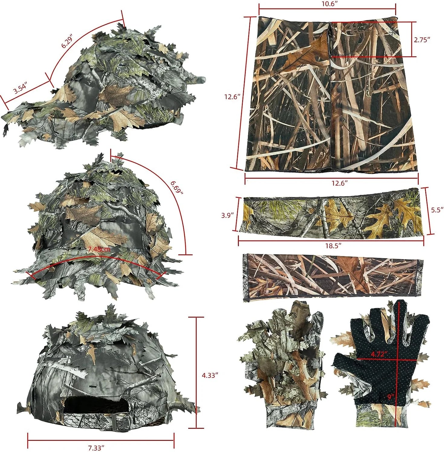 LOOGU Hunting Face Mask Set with Leafy Cap Camo, Ghillie Gloves, Cooling Arm Sleeves Waterfowl 6 Pieces Turkey Duck Hunting Accessories for Men Women