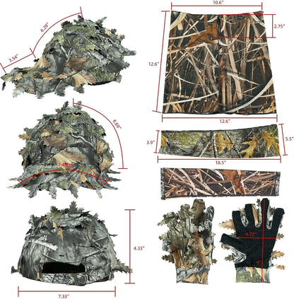 LOOGU Hunting Face Mask Set with Leafy Cap Camo, Ghillie Gloves, Cooling Arm Sleeves Waterfowl 6 Pieces Turkey Duck Hunting Accessories for Men Women