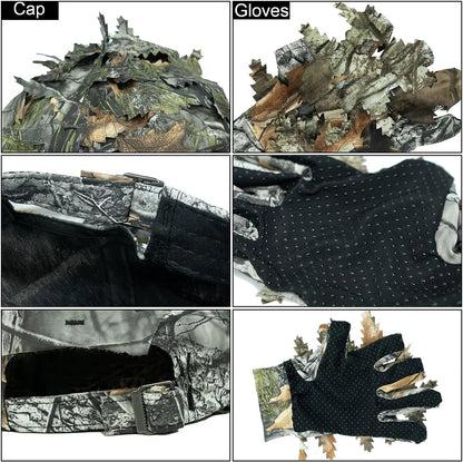 LOOGU Hunting Face Mask Set with Leafy Cap Camo, Ghillie Gloves, Cooling Arm Sleeves Waterfowl 6 Pieces Turkey Duck Hunting Accessories for Men Women