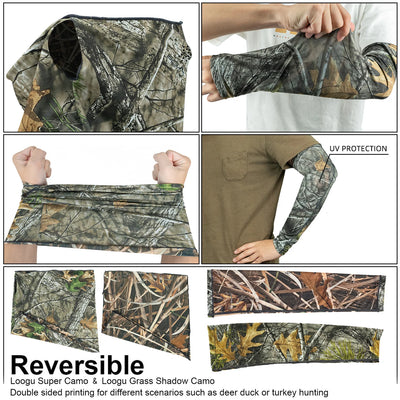LOOGU Hunting Face Mask Set with Leafy Cap Camo, Ghillie Gloves, Cooling Arm Sleeves Waterfowl 6 Pieces Turkey Duck Hunting Accessories for Men Women