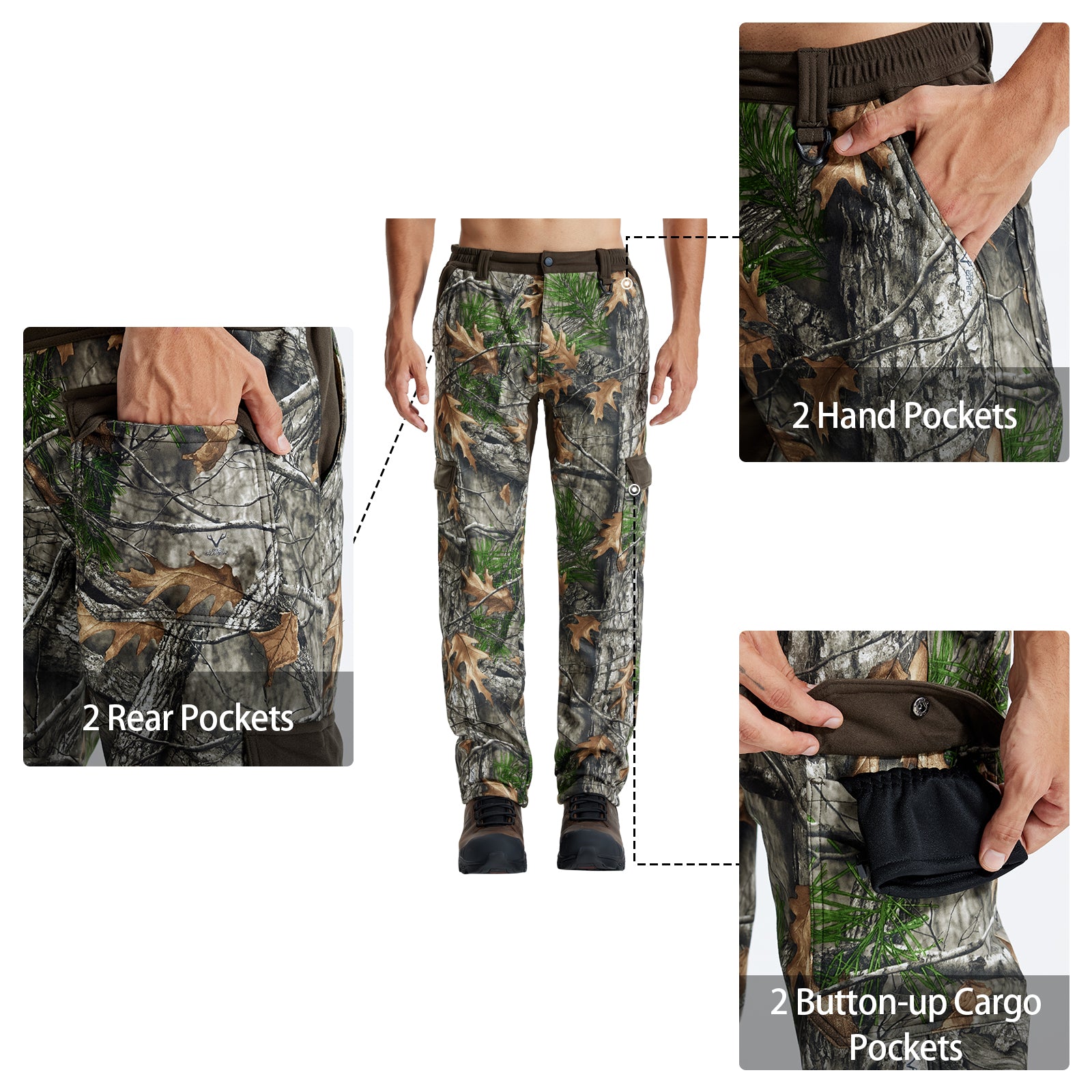LOOGU Camo Hunting  Fleece Insulation Pants 6 pocket Super Tree P20