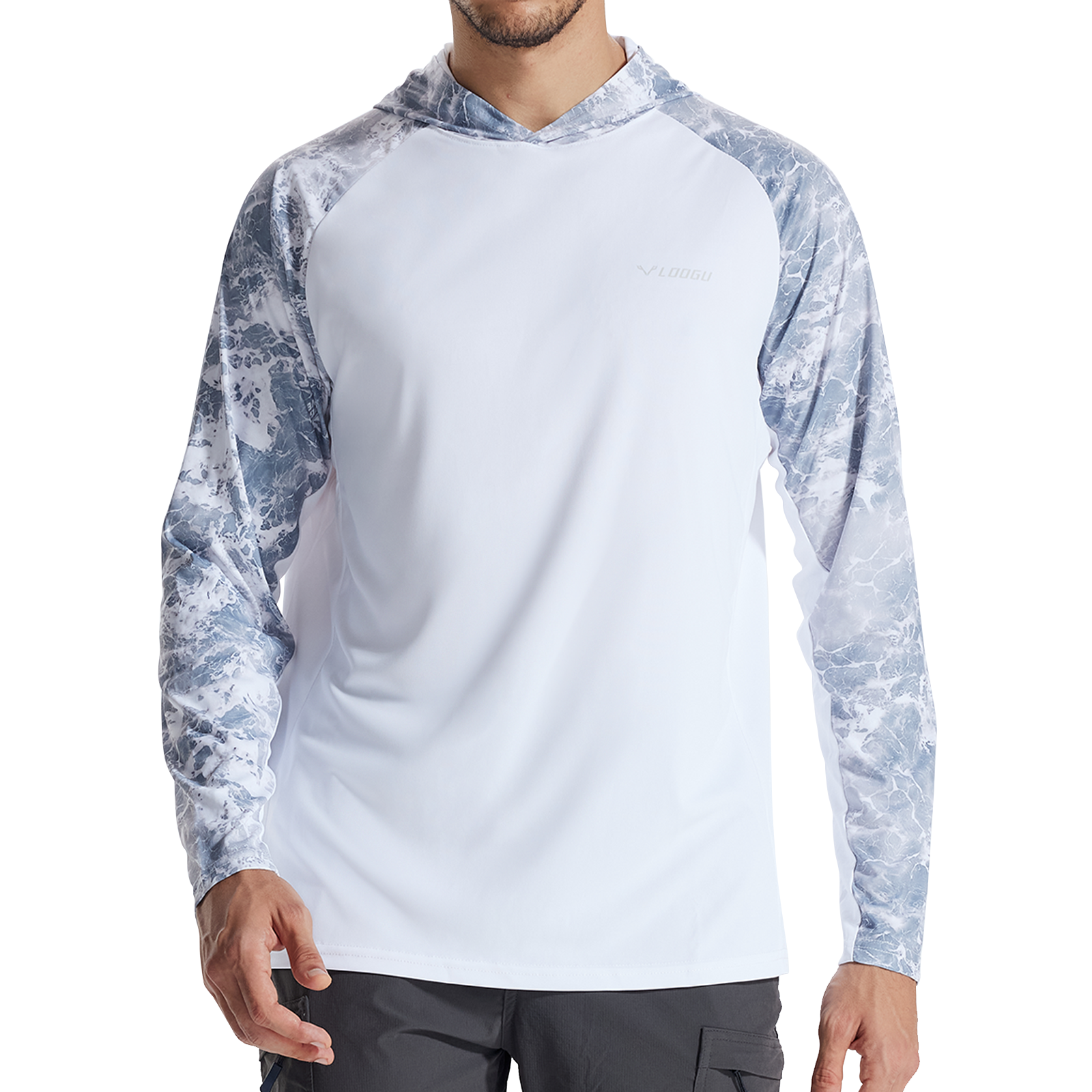 LOOGU Men’s Color-blocked Long Sleeve Hoodie-Wave Gray Contrast White T73-LG