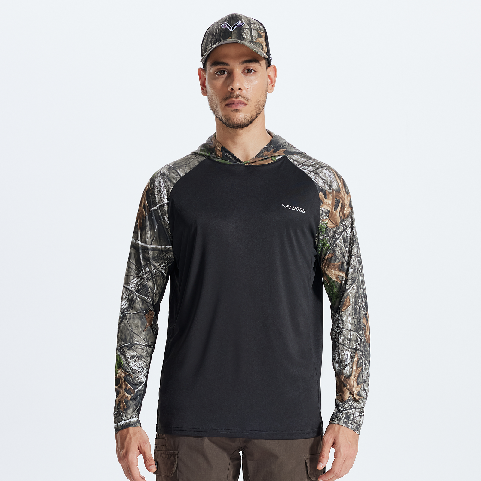 LOOGU Men’s Color-blocked Long Sleeve Hoodie-Super Tree Contrast Black T73-LG