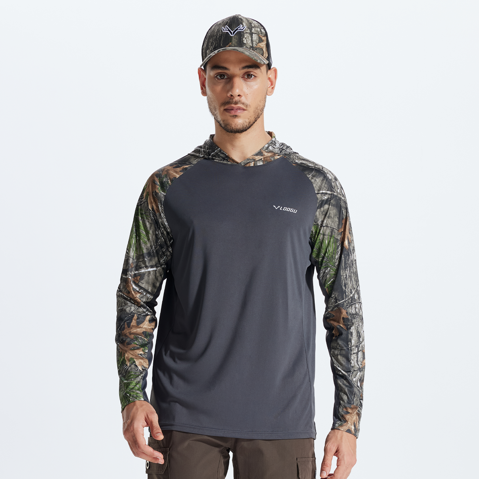 LOOGU Men’s Color-blocked Long Sleeve Hoodie-Super Tree Contrast Dark Gray T73-LG
