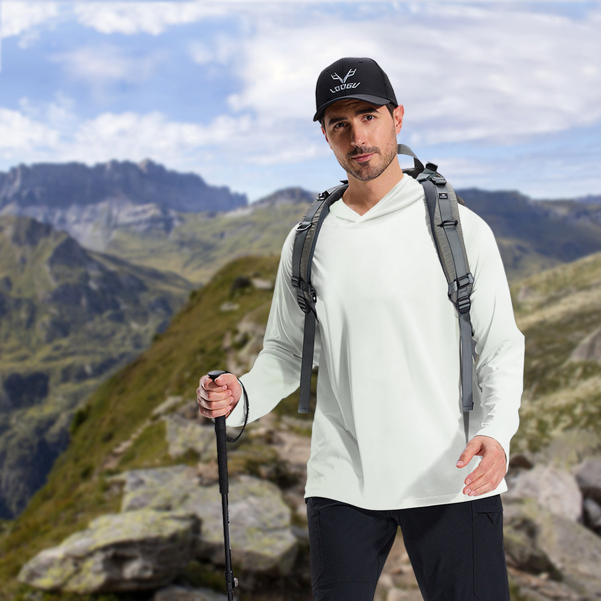 LOOGU Workout Shirts With Hood Long Sleeve White T50-1
