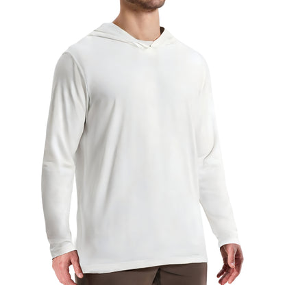 LOOGU Workout Shirts With Hood Long Sleeve White T50-1