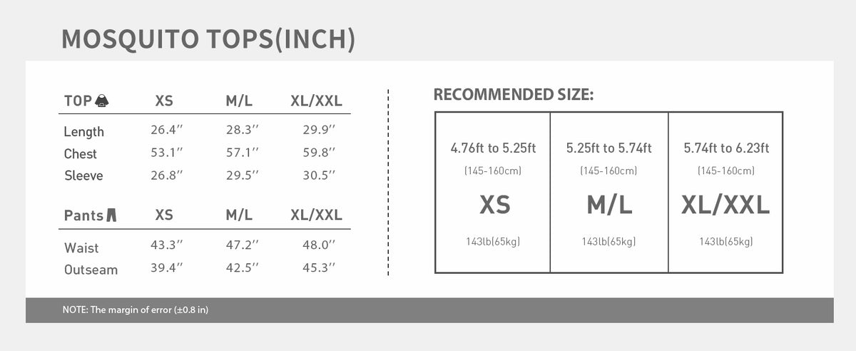 Camo Mesh Bug Suit — Size chart