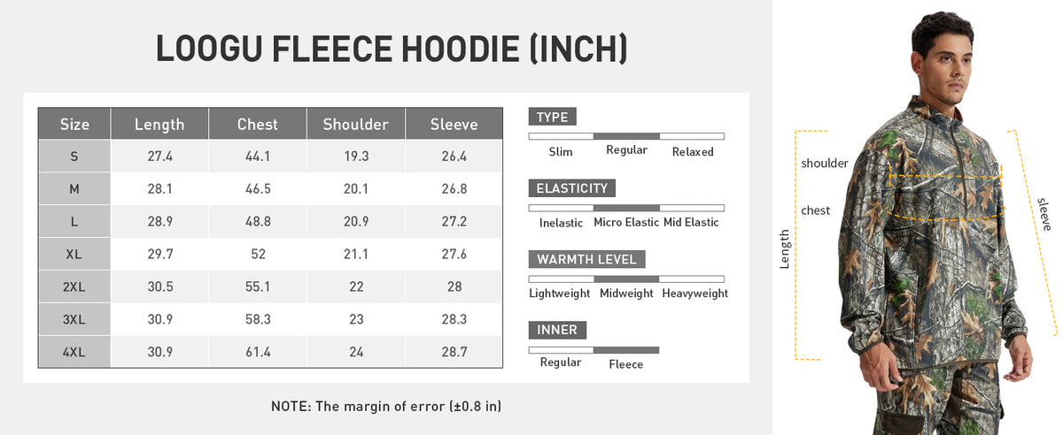 Half-Zip Fleece Pullover D30 — Size chart