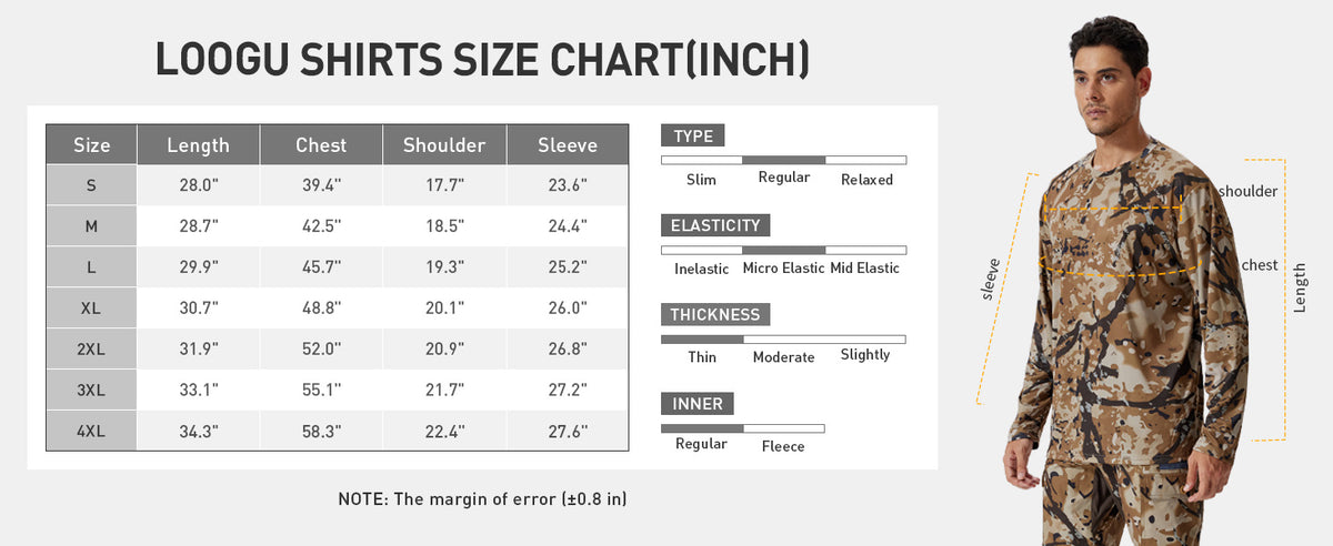 Lightweight Camo Hunting Shirt T20 — Size information