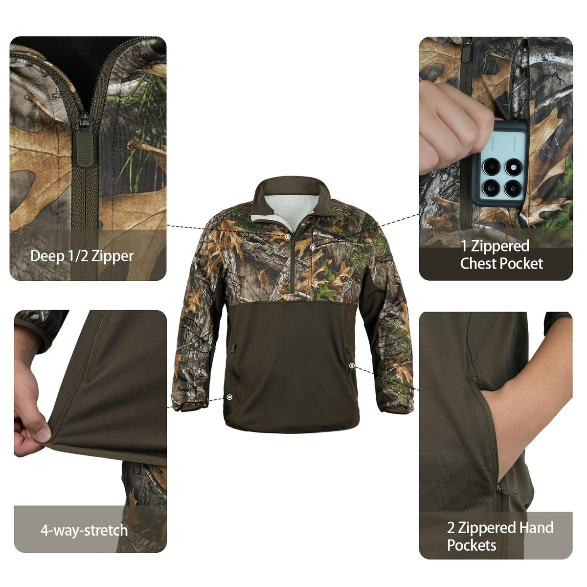 LOOGU Half Zip Hunting Fleece Pullover D30 — Black,Loogu Super Tree Camo