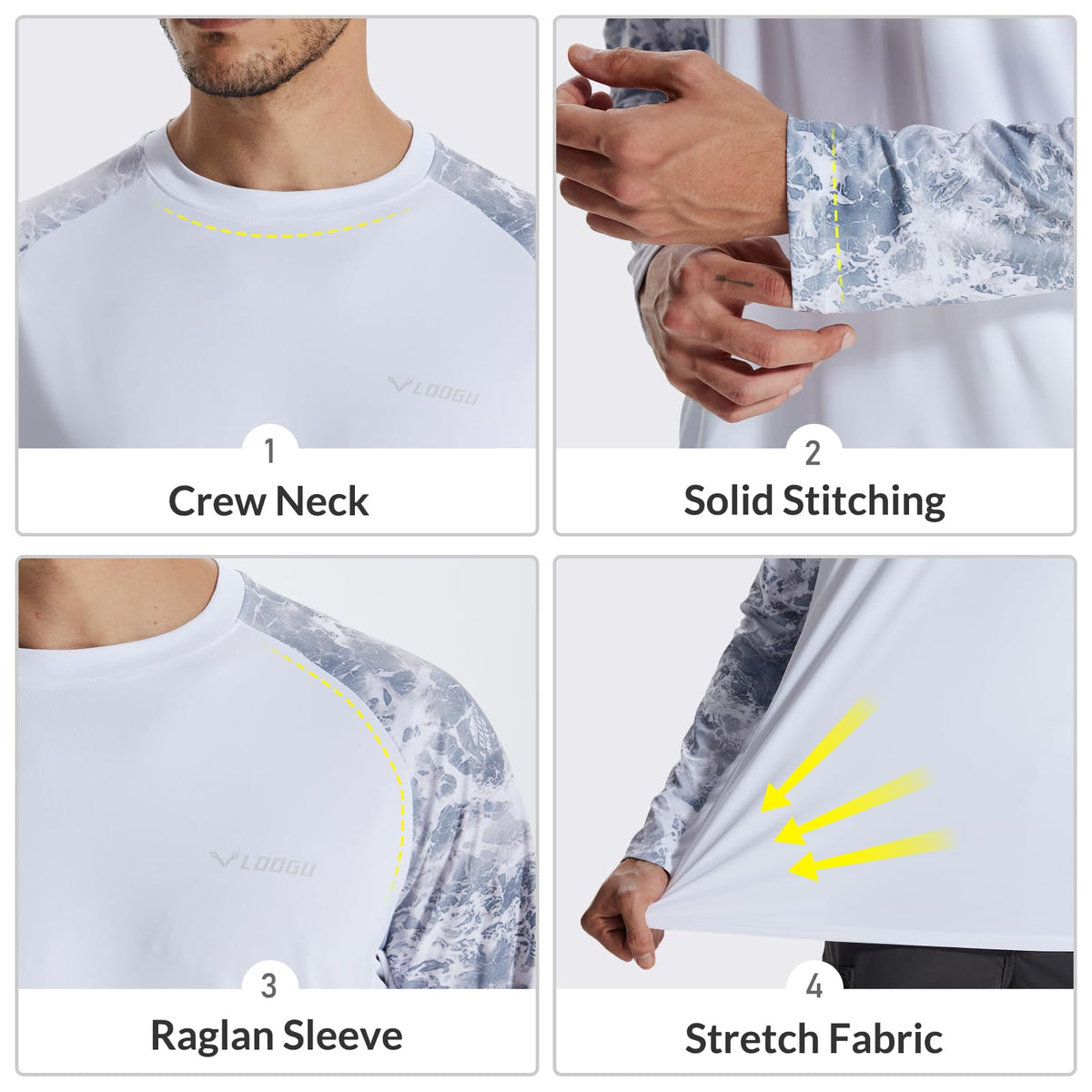 LOOGU Active Lifestyle Fishing Long Sleeve Shirt T33 — White,Wave Gray Camo
