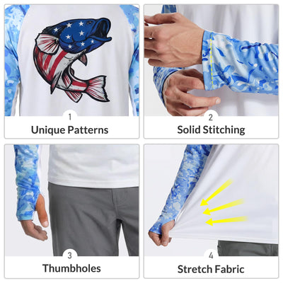 LOOGU Active Lifestyle Fishing Long Sleeve Shirt T36 — Waveblue,Largemouth Bass