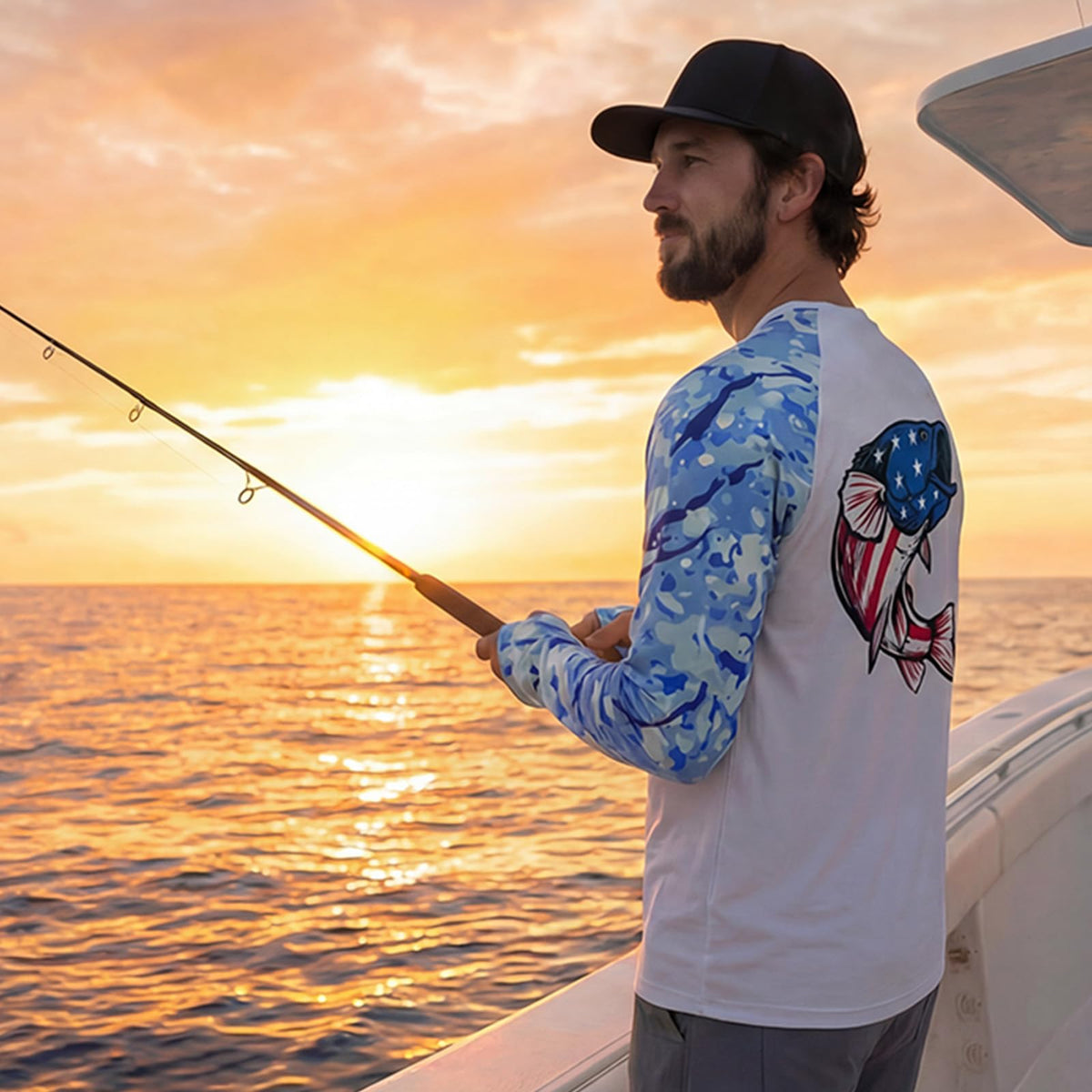 LOOGU Active Lifestyle Fishing Long Sleeve Shirt T36 — Waveblue,Largemouth Bass