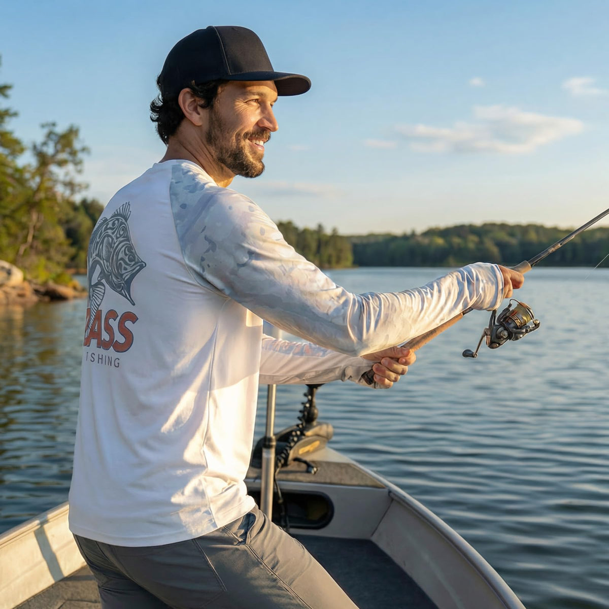 LOOGU Active Lifestyle Fishing Long Sleeve Shirt T36 — Wavegrey,Largemouth Bass
