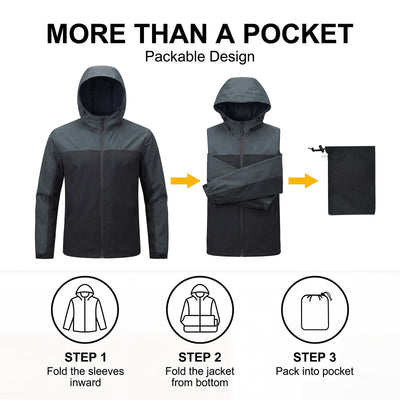 LOOGU Men’s Packable Rain Jacket Waterproof Lightweight Hooded J30 — Black Dark Grey