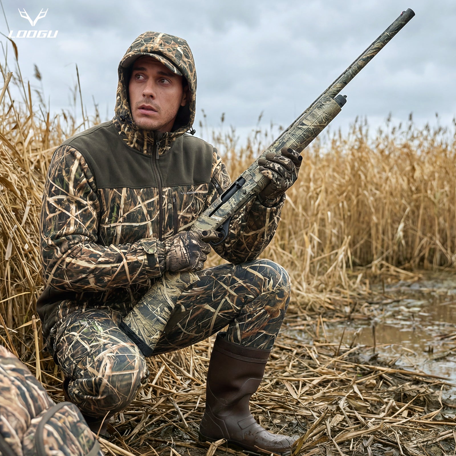 LOOGU Camo Hunting Fleece Lining Hooded Jacket M50-1